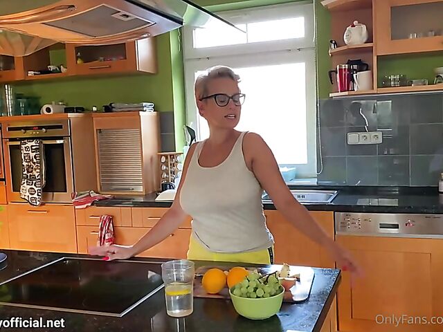 Big tits interracial gangbang and cum on Angel Wicky's glasses in the kitchen