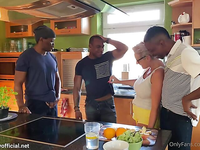 Big tits interracial gangbang and cum on Angel Wicky's glasses in the kitchen