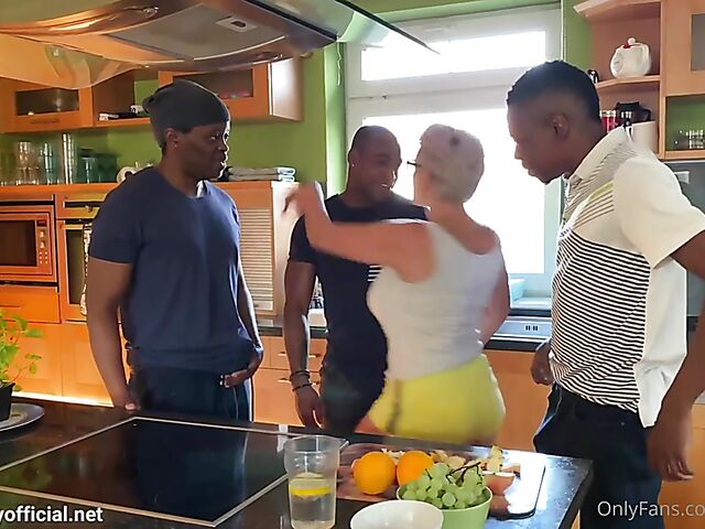 Big tits interracial gangbang and cum on Angel Wicky's glasses in the kitchen