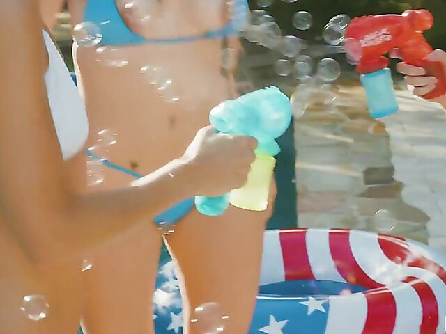 Pool party and FFFM teen foursome with 3 bikini girls Alicia Williams, Isabel Moon and Payton Avery