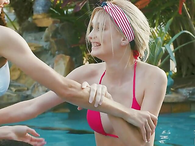 Pool party and FFFM teen foursome with 3 bikini girls Alicia Williams, Isabel Moon and Payton Avery