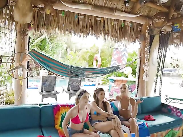 Pool party and FFFM teen foursome with 3 bikini girls Alicia Williams, Isabel Moon and Payton Avery