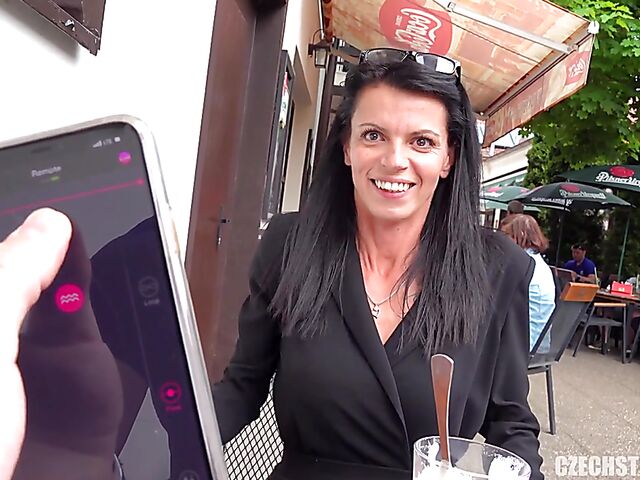 Remote control vibrator in public for a euro MILF