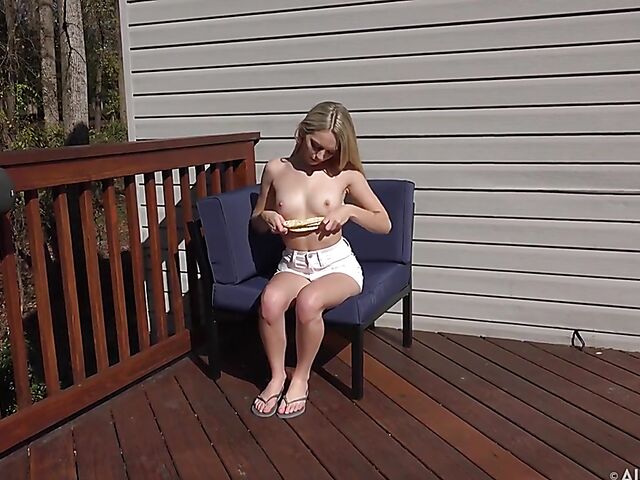 Lily Larimar - Shaved blonde dildo fucks her good looking pussy outside