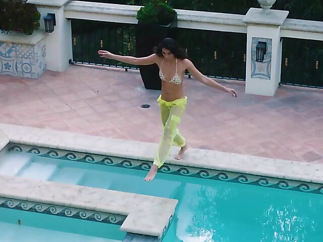 Outdoor solo by the pool with playboy glamour models