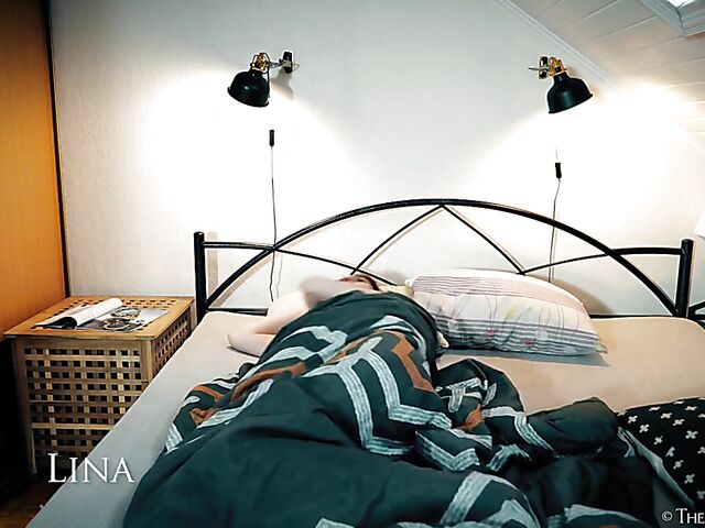 Kinky brunette solo masturbation with handcuffs featuring Lina