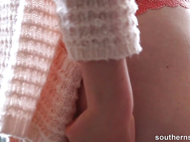 Natural hairy redhead Nichole plays with herself in her bedorom