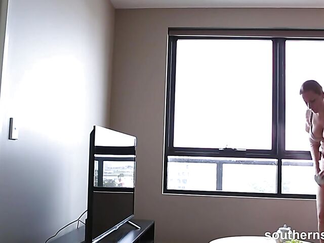 Natural hairy redhead Nichole plays with herself in her bedorom