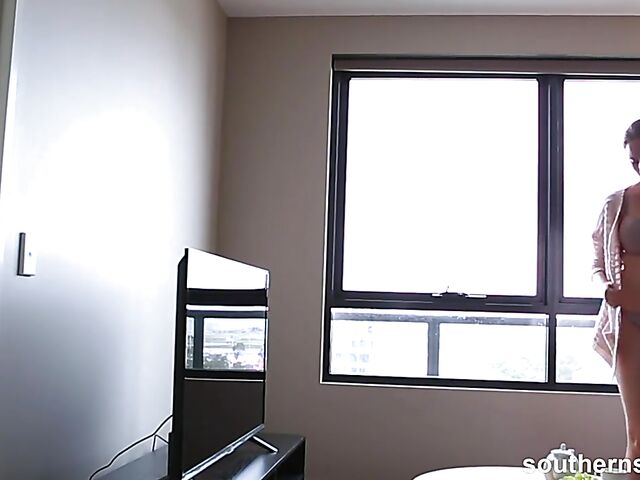 Natural hairy redhead Nichole plays with herself in her bedorom