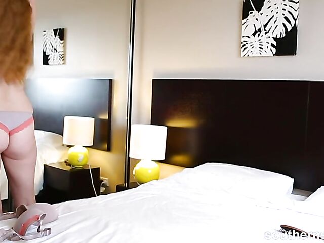 Natural hairy redhead Nichole plays with herself in her bedorom