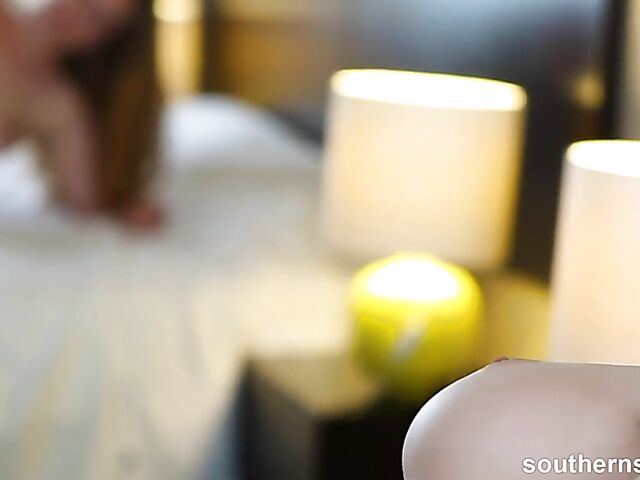 Natural hairy redhead Nichole plays with herself in her bedorom