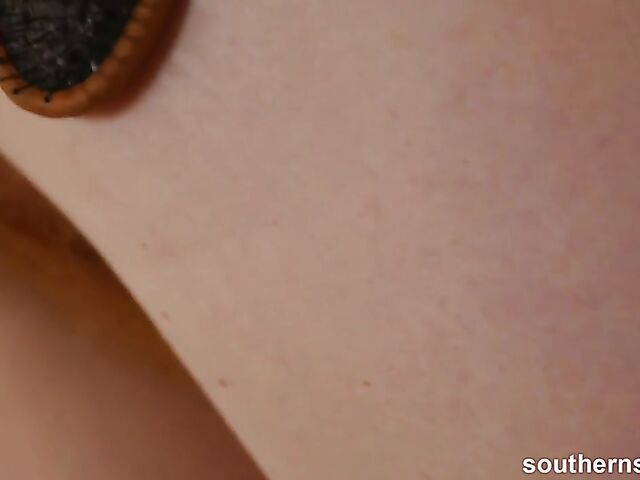 Natural hairy redhead Nichole plays with herself in her bedorom