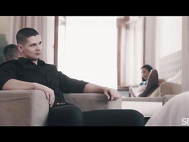 Lingerie-clad brunette Adelle Sabelle seduces Deny Lou into sensual sex