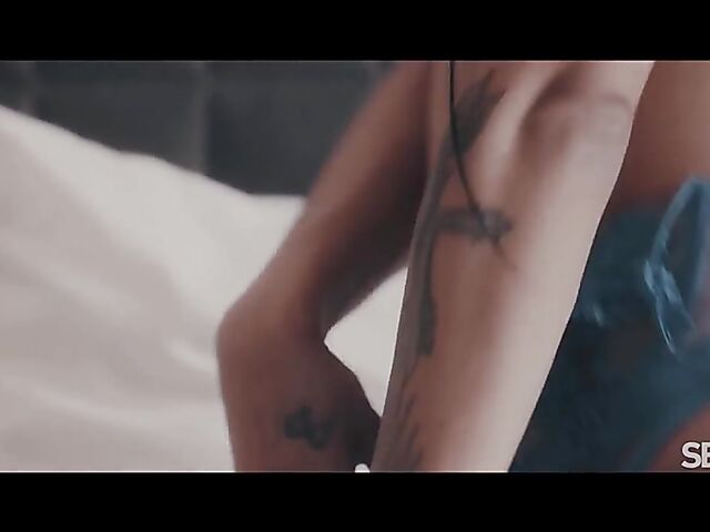 Lingerie-clad brunette Adelle Sabelle seduces Deny Lou into sensual sex