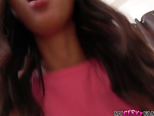 Cute brunette stepsis Jaye Summers takes it POV style in her bedroom