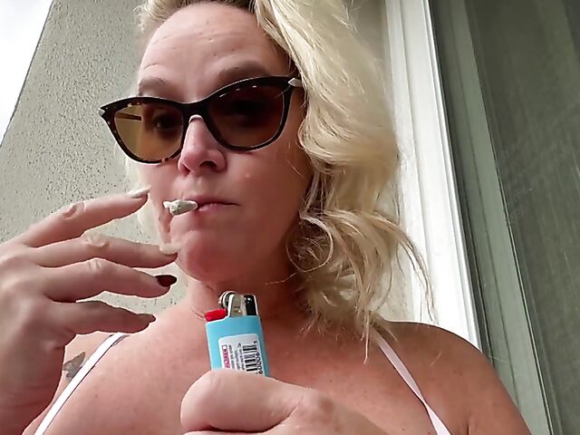 Mrs Siren - Busty mom masturbating with toys and smoking on the balcony