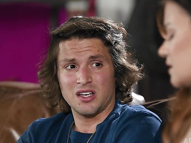 Pounding Alison Rey's shaved pussy on the sofa