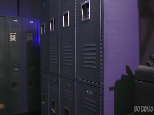 Lesbian bondage and strapon domination in the locker room with athletic Ariel X and Mistress Kara