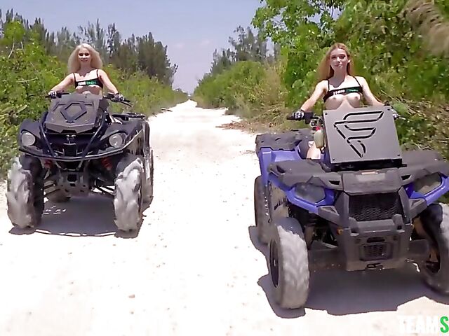 Outdoor threesome adventure with teen blondes Jessica Marie and Aria Banks