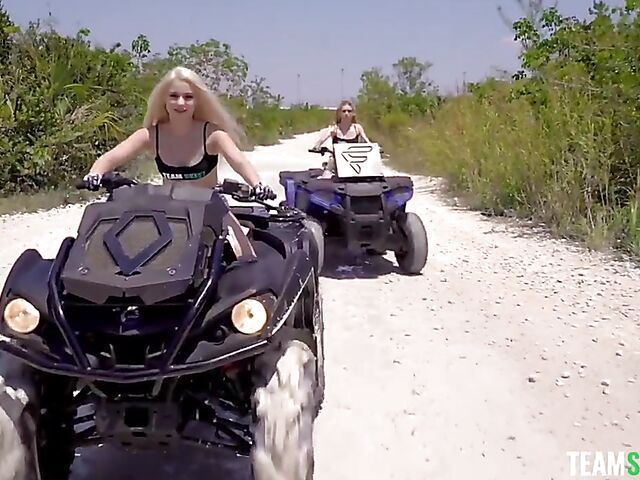 Outdoor threesome adventure with teen blondes Jessica Marie and Aria Banks