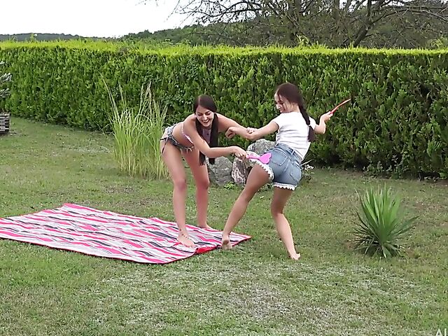 Katy Rose and Nata Love's lesbian outdoor fun with improvised toys BTS