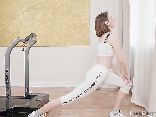 Sporty teen Darcy Dark's home workout and masturbation