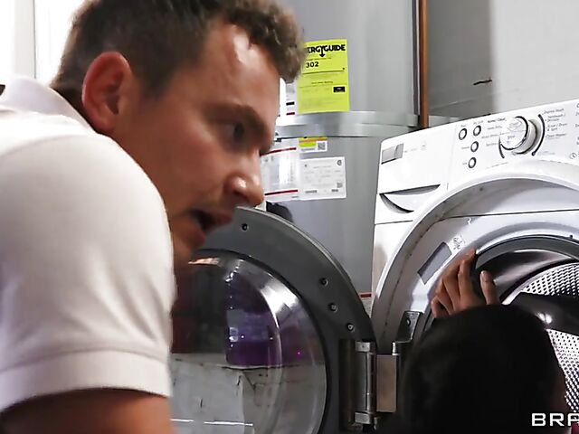 Aften Opal and Maya Farrell stuck and fucked doggy style in the laundry room