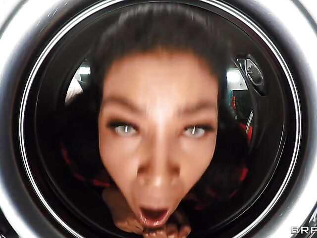 Aften Opal and Maya Farrell stuck and fucked doggy style in the laundry room