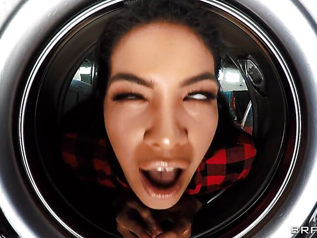 Aften Opal and Maya Farrell stuck and fucked doggy style in the laundry room