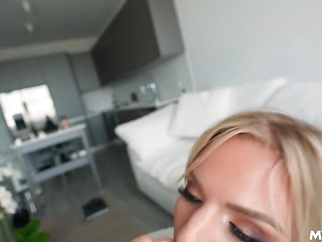 Fully clothed blonde MILF blowjob POV with Rachael Cavalli