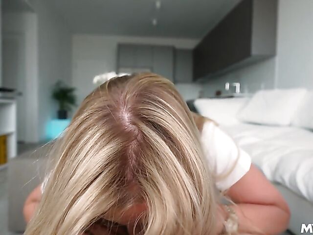 Fully clothed blonde MILF blowjob POV with Rachael Cavalli