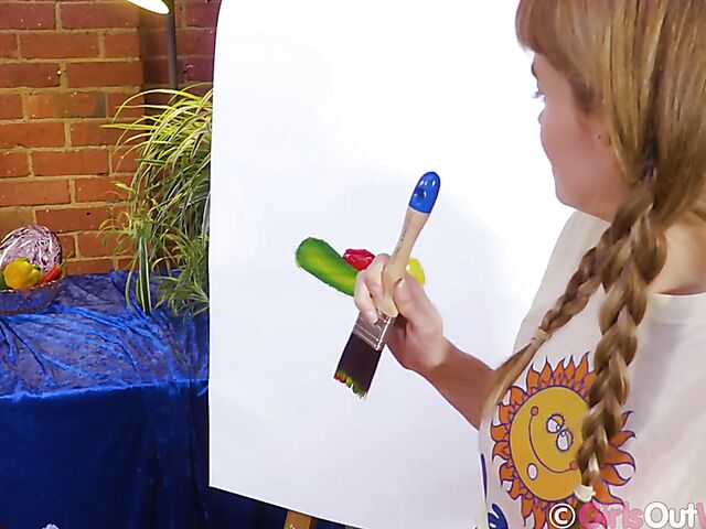 Horny painter Laney Day puts a cucumber in her pussy