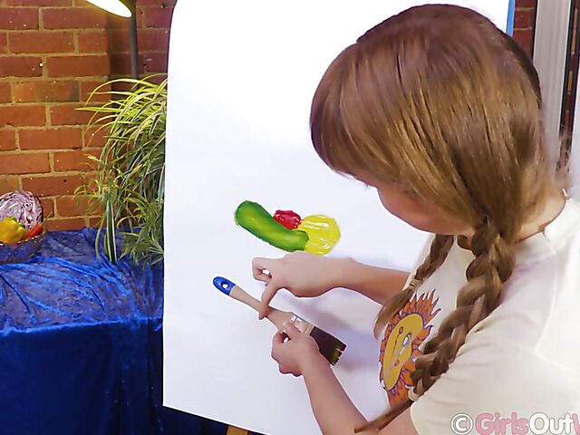 Horny painter Laney Day puts a cucumber in her pussy