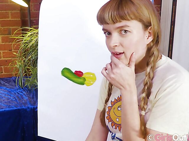 Horny painter Laney Day puts a cucumber in her pussy