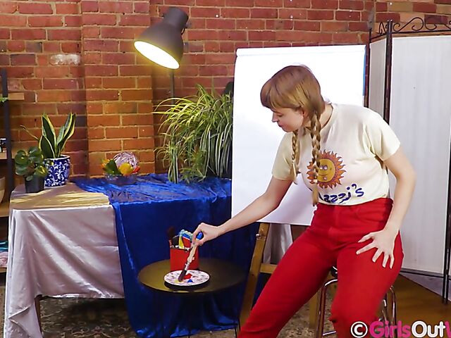 Horny painter Laney Day puts a cucumber in her pussy