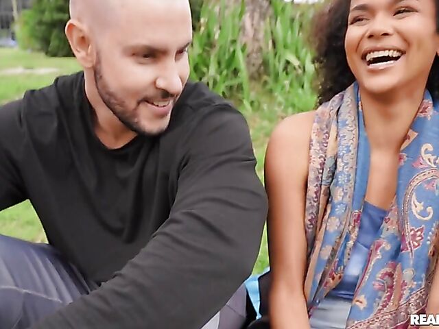 Ebony girl Alina Ali having risky sex with a white guy