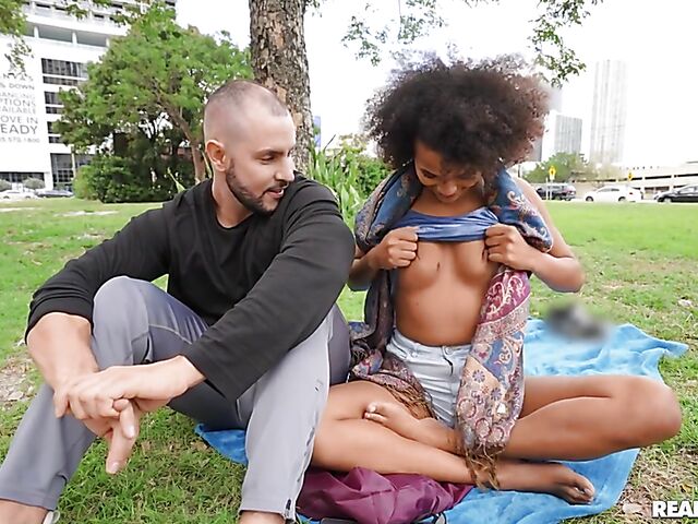 Ebony girl Alina Ali having risky sex with a white guy