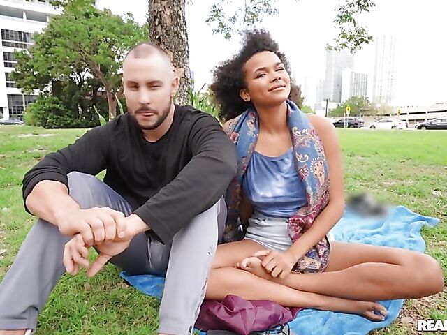 Ebony girl Alina Ali having risky sex with a white guy