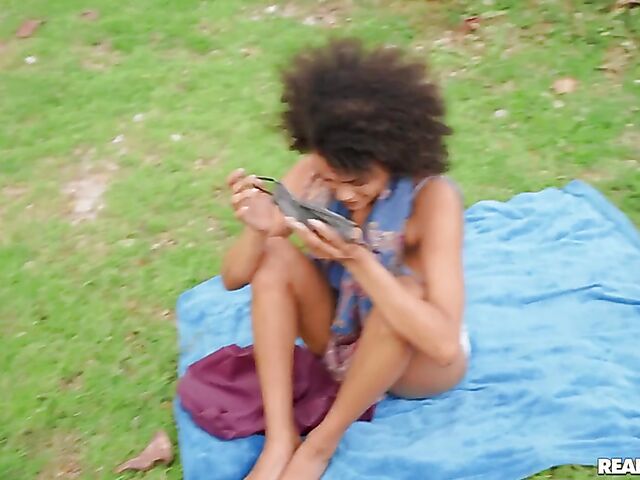 Ebony girl Alina Ali having risky sex with a white guy