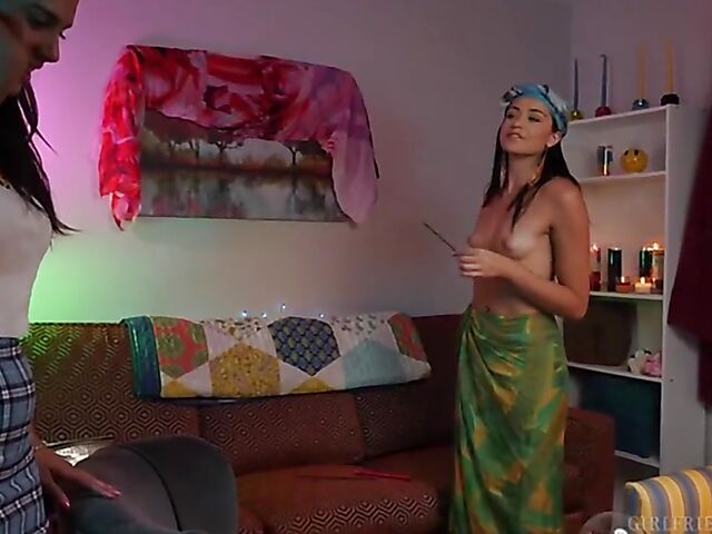 Small tits lesbian fortuneteller Avi Love seduces curious latina Violet Starr