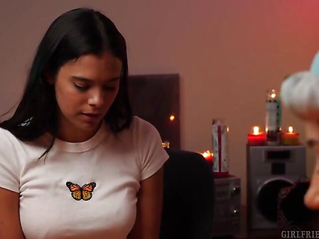 Small tits lesbian fortuneteller Avi Love seduces curious latina Violet Starr