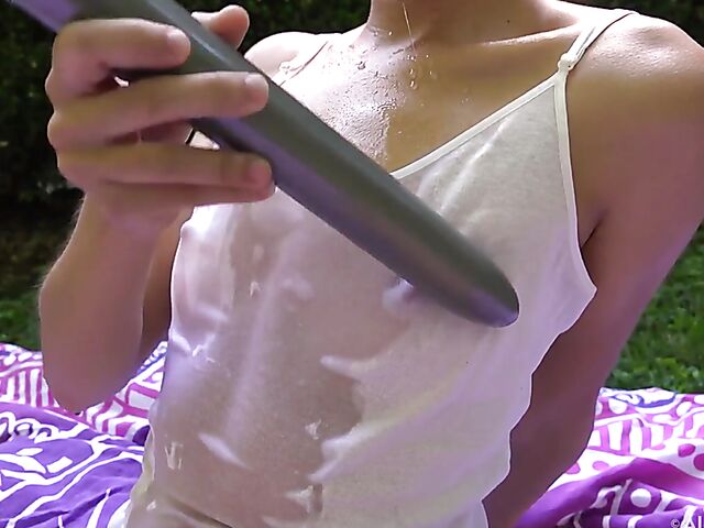 Outdoor dildo orgasm in the garden with wet Freya Von Doom