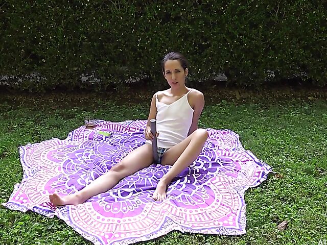 Outdoor dildo orgasm in the garden with wet Freya Von Doom