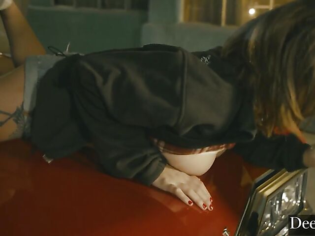 Sex on the hood of a car with busty natural Gabbie Carter