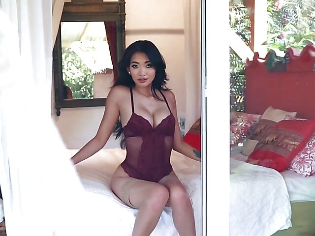 Beautiful asian babe with fake boobs Reina in her lingerie