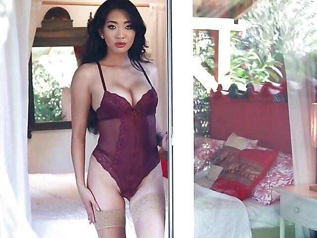 Beautiful asian babe with fake boobs Reina in her lingerie