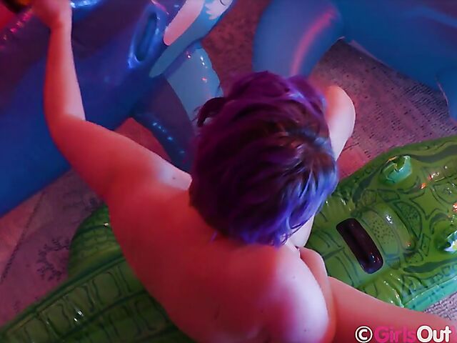 Purple-haired Zoe Faye's inflatable toys and glass dildo