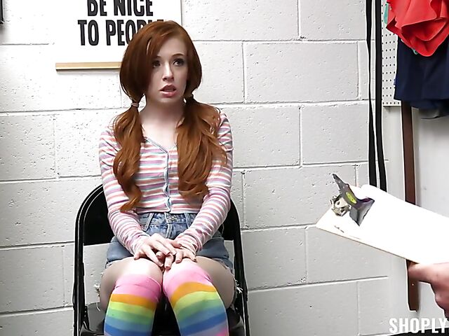 Petite redhead shoplifter Madi Collins strip searched and fucked