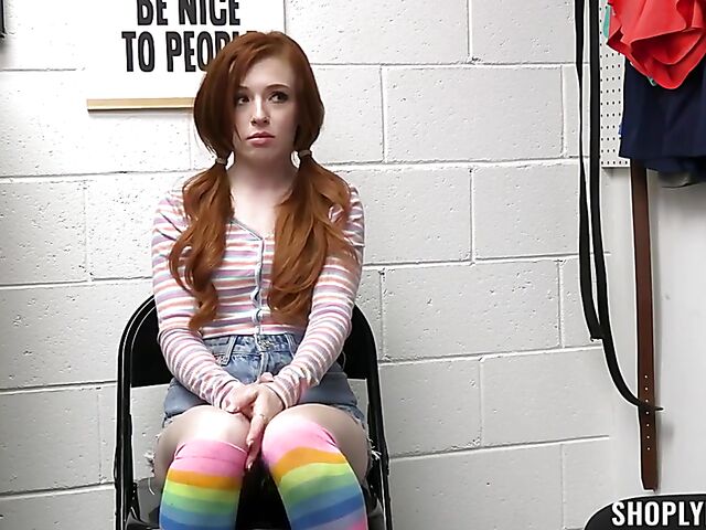 Petite redhead shoplifter Madi Collins strip searched and fucked