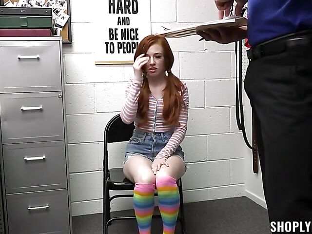 Petite redhead shoplifter Madi Collins strip searched and fucked